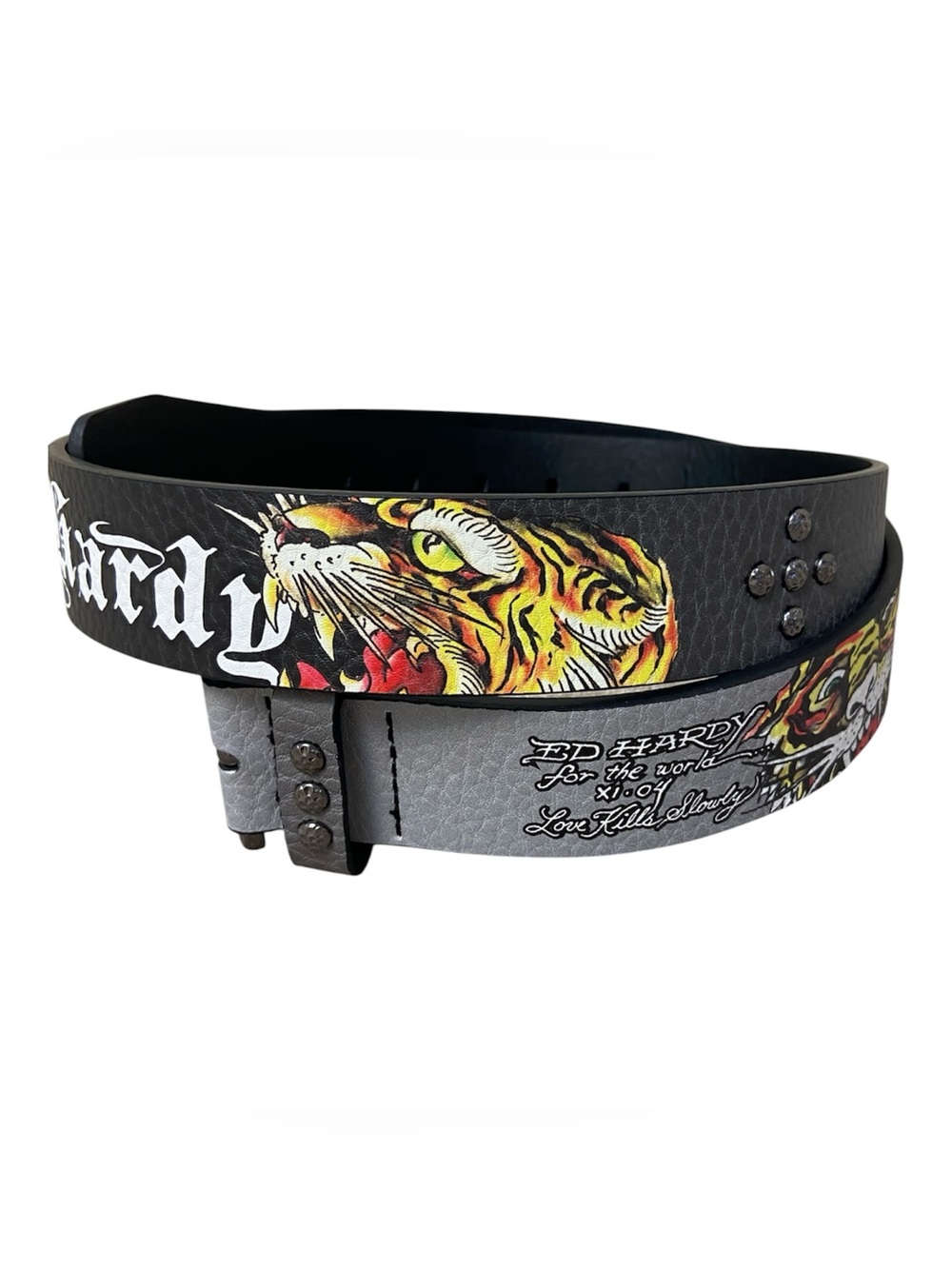 Ed Hardy Tiger Belt Studded Love Kills Slowly Black Grey Men 38 New